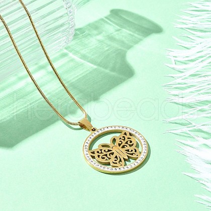 304 Stainless Steel Crystal Rhinestone Ring with Hollow Butterfly Pendant Necklaces for Women NJEW-P327-01G-1