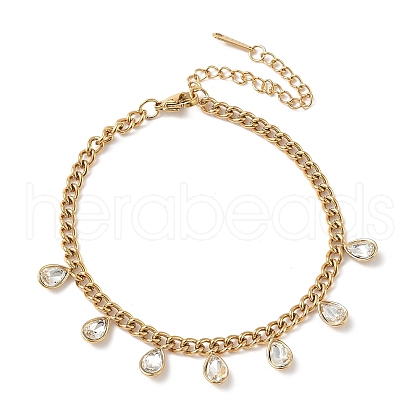 304 Stainless Steel Rhinestone Teardrop Charm Bracelets BJEW-V011-01G-04-1