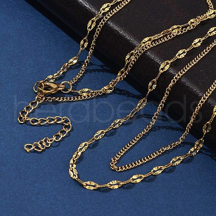 304 Stainless Steel Dapped Chain Double Layered Necklaces for Women NJEW-U050-02C-G-1