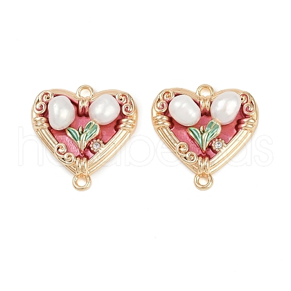 Brass Enamel & Natural Pearl Heart with Flower Connector Charms KK-K351-52G-03-1