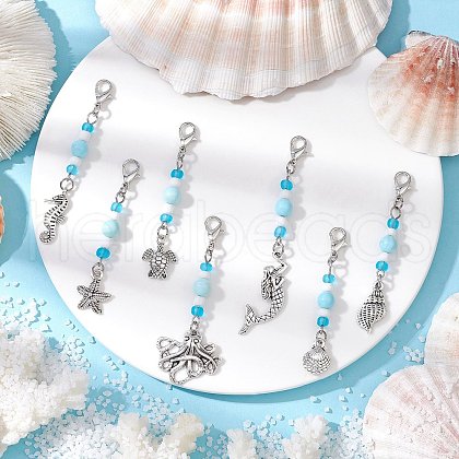 7Pcs Ocean Theme Alloy Charm & Glass Beads Pendant Decorations HJEW-JM03156-1