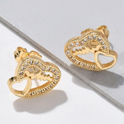Valentine's Day Heart Brass Micro Pave Clear Cubic Zirconia Stud Earrings EJEW-D305-22G-02-1