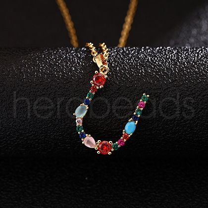 Brass Pave Colorful Cubic Zirconia Initial Pendant Necklaces for Women FS-WG659DF-21-1