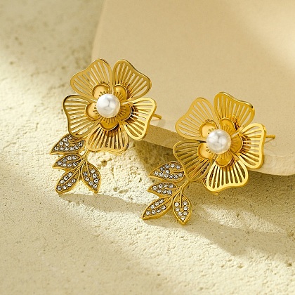 304 Stainless Steel Micro Pave Clear Cubic Zirconia Flower Stud Earrings for Women EJEW-U023-02G-1