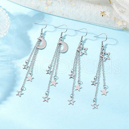 304 Stainless Steel Star & Moon Tassel Dangle Earrings for Women EJEW-JE06399-1