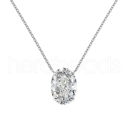 Oval Rhodium Plated 925 Sterling Silver Pave 8A Clear Cubic Zirconia Pendant Cable Chain Necklaces for Women NJEW-F330-05P-1