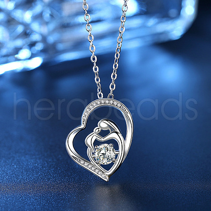 Mother's Day Brass Micro Pave Clear Cubic Zirconia Mother and Baby Heart Pendant Necklaces for Women NJEW-C085-01B-P-1