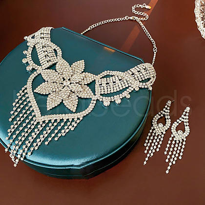 Flower Brass & Alloy Crystal Rhinestone Bib Necklaces & Stud Earrings Sets FS-WG691FB-01-1