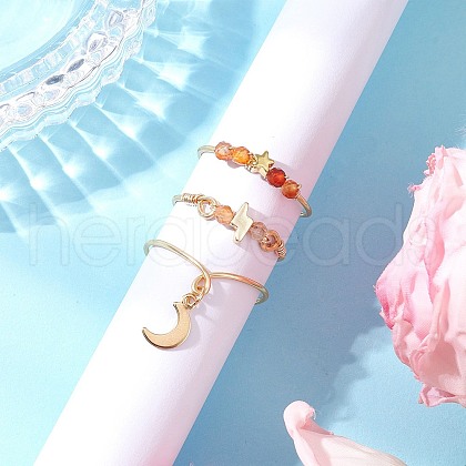 3Pcs Copper Wire Wrapped Natural Carnelian Faceted Round Bead Finger Rings for Women RJEW-JR00887-01-1