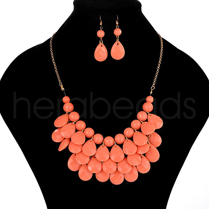 Fashionable Beach Style Acrylic Teardrop Dangle Earrings & Bib Necklaces Sets FS-WG62A33-08-1