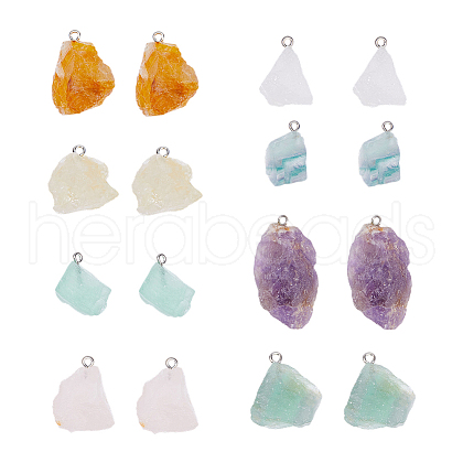 16Pcs Raw Rough Natural Fluorite & Green Aventurine & Green Fluorite & Rose Quartz & Amethyst & Ferruginous Quartz & Citrine & Quartz Crystal Pendants G-HS0001-08-1