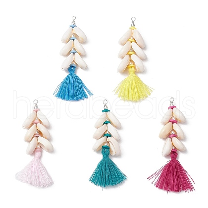 Natural Cowrie Shell & Handmade Polymer Clay Beads & Handmade Polycotton Tassel Big Pendants PALLOY-JF03785-1