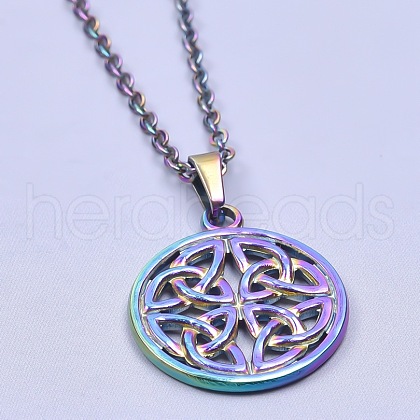 201 Stainless Steel Flat Round with Viking Knot Pendant Necklaces for Women Men FS-WGDB207-03-1