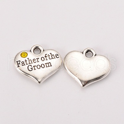 Wedding Theme Antique Silver Tone Tibetan Style Heart with Father of the Groom Rhinestone Charms TIBEP-N005-13B-1