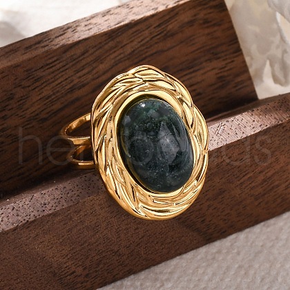 Oval Natural Moss Agate Finger Rings RJEW-M063-01G-07-1
