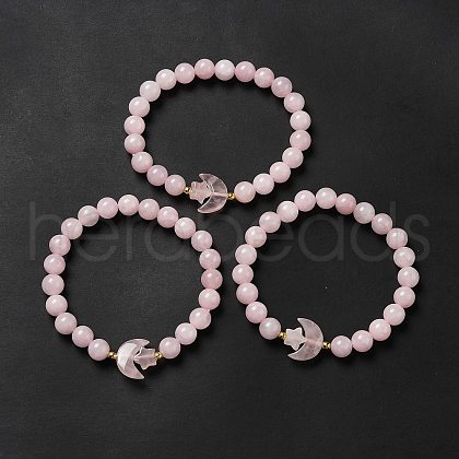 Natural Rose Quartz Moon and Star Beaded Stretch Bracelet for Women G-G997-C05-1