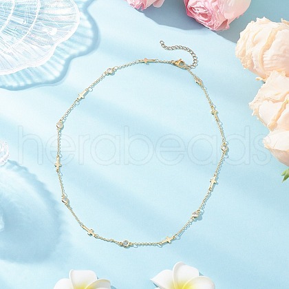 Brass Pave Clear Cubic Zirconia Flat Round Cross Link Chain Necklaces with 304 Stainless Steel End Chains NJEW-JN05335-1