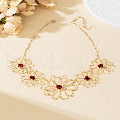 5 Flower Alloy Dark Red Enamel Bib Necklaces for Women FS-WGC9151-02-1