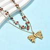 304 Stainless Steel Red and Green Enamel Cherry Bowknot Pendant Double Layered  Necklaces for Women NJEW-B129-01G-2
