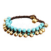 Bohemian Style Synthetic Turquoise Round Beaded & Brass Bell Charm & Wax Cord Braided Bead Bracelets FS-WGC2A27-02-2
