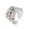 Colorful Cubic Zirconia Heart Open Cuff Ring RJEW-C061-03P-1