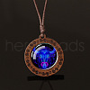 Flat Round with Twelve Constellations Blue Glass & Wood Pendant Waxed Leather Cord Necklace for Women Men WG486C3-02-1