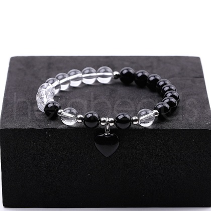 Round Natural Obsidian & Quartz Crystal Beaded Stretch Bracelets XW2849-3-1