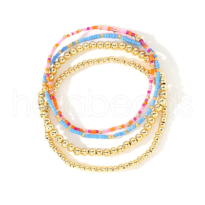 4Pcs 4 Styles Glass Seed Cylinder Beads Stretch Bracelet & Brass Round Beads Stretch Bracelet Set BP7471-3-1