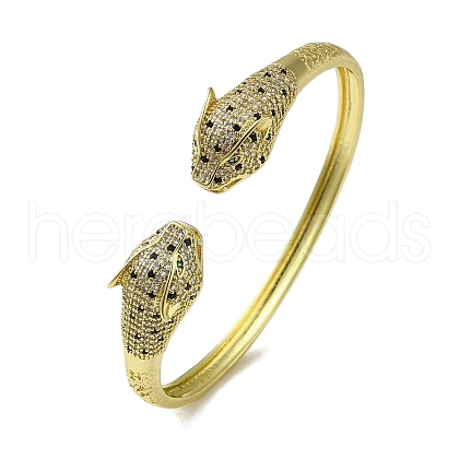 Brass Pave Clear & Green Cubic Zirconia Leopard Open Cuff Bangle for Women BJEW-K246-20G-G-1