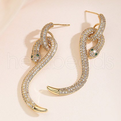 Snake Brass Cubic Zirconia Dangle Stud Earrings for Women EJEW-F367-01B-G-1