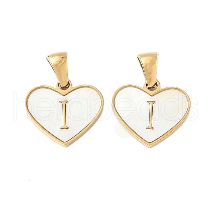 304 Stainless Steel Pave Natural White Shell Heart with Initial Slice Pendants STAS-R168-25G-I-1