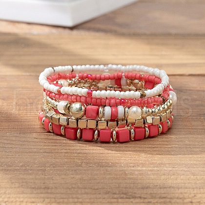 Bohemian Vacation Style Glass Beaded Stackable Stretch Bracelets Set for Women OG4119-9-1