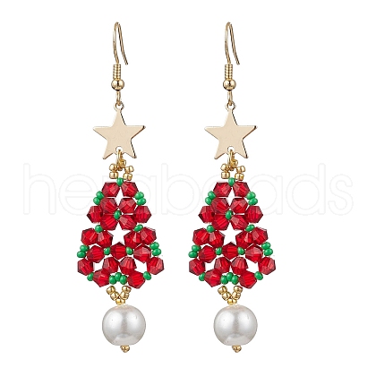 Glass Seed & Glass Pearl Beads Tree Dangle Earrings EJEW-MZ00276-01-1