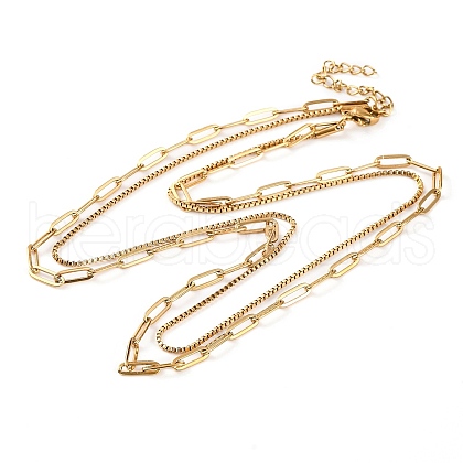 304 Stainless Steel Double Layer Round Box Chains & Paperclip Chain Necklaces for Women NJEW-G140-16B-G-1