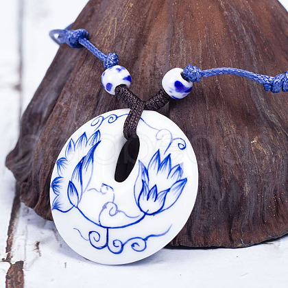 Retro Ethnic Porcelain Pendant Adjustable Polyester Cord Necklaces for Women FS-WGD020A-05-1