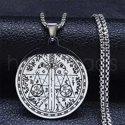 304 Stainless Steel Flat Round with Witchcraft Divination Sword Pattern Pendant Necklaces NJEW-S007-10P-1