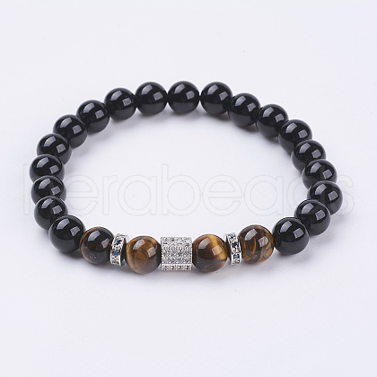 Natural Tiger Eye & Black Obsidian & Cubic Zirconia Beaded Stretch Bracelet BJEW-P188-06B-01-1