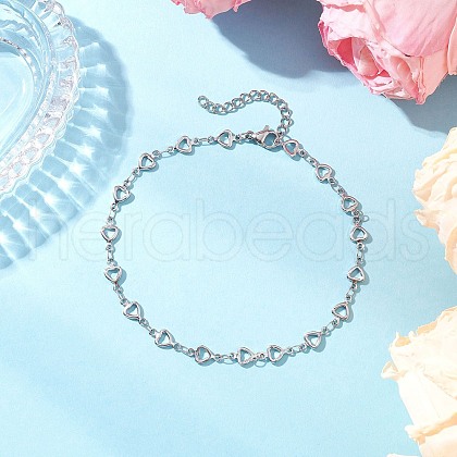 304 Stainless Steel Hollow Heart Link Chain Anklets for Women AJEW-AN00684-1