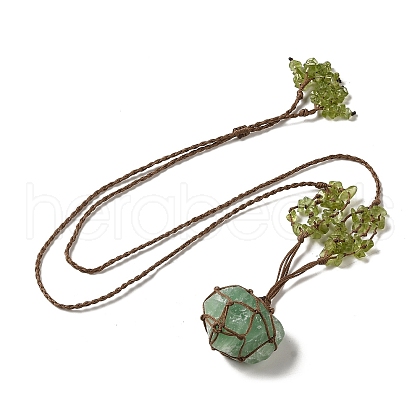 Natural Green Fluorite Braided Bead Pendant Necklacess NJEW-K258-05E-1