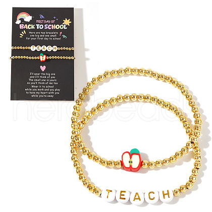 2Pcs 2 Styles Back-to-School Theme Brass Round Beads Stretch Bracelets EL1686-2-1