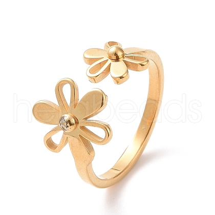 Ion Plating(IP) 304 Stainless Steel Flower Open Cuff Ring for Women RJEW-D120-07G-1