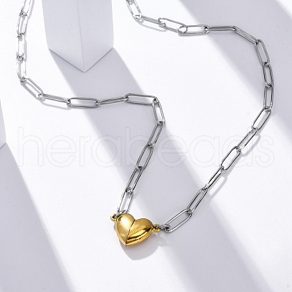 304 Stainless Steel Double-Sided Magnetic Heart Pendant Paperclip Chain Necklaces NJEW-U028-02G-1
