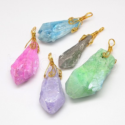 Electroplate Golden Wire Wrapped Gemstone Natural Rough Raw Crystal Pendants G-L133-08-1