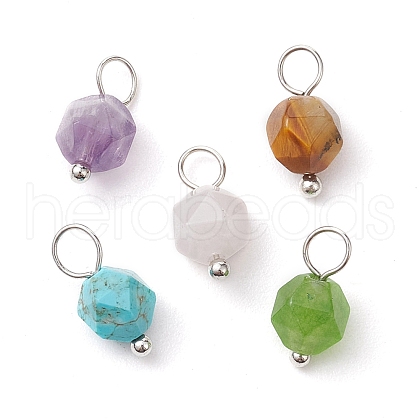 Faceted Natural Mixed Gemstone Star Cut Round Charms PALLOY-JF02723-01-1