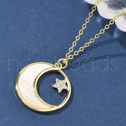 Brass Micro Pave Clear Cubic Zirconia Moon with Star Pendant Necklaces for Women NJEW-S449-02G-1