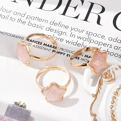 Star Natural Rose Quartz Adjustable Rings RJEW-H241-01G-02-1