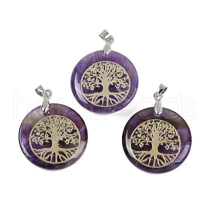 Natural Amethyst Flat Round Pendants G-Q188-01P-09-1