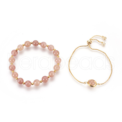 Natural Strawberry Quartz Bracelets Sets BJEW-JB03913-01-1