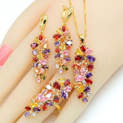 Leaf Brass Cubic Zirconia Pendant Necklace & Hoop Earring & Rings Sets FS-WG53533-03-1