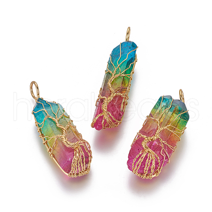 Electroplate Natural Quartz Crystal Big Wire Wrapped Pointed Pendants G-L520-B03-G-1